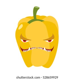 Angry sweet pepper. Aggressive yellow vegetable. Dangerous fruit
