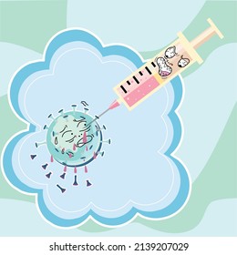 Angry syringe killing a virus Vaccination concept Vector