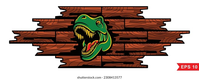 Angry t rex dinosaur destroys a cartoon wooden wall