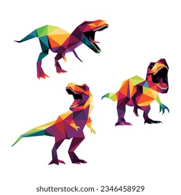 Angry T Rex Dinosaur Set in Colorful Polygonal Vector. dinosaur Icon in Full Color abstract logo. Collection of Dinosaur Abstract Vector