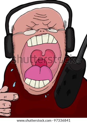 Angry talk show host screaming into a microphone