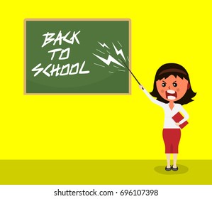 angry teacher with anger and scream standing with pointer in front of blackboard on which is written the greeting back to school