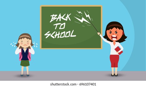 angry teacher with anger and scream standing with pointer and crying girl in front of blackboard on which is written the greeting back to school