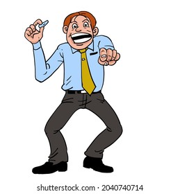Angry at the teacher holding chalk and pointing his finger in front.