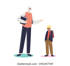 Angry Teacher Scolding Little Schoolboy. Adult Man Screaming On Sad School Kid Boy. Strict Professor And Nasty Pupil. Cartoon Flat Vector Illustration