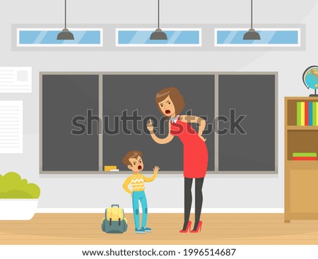 Angry Teacher Shouting at Disobedient Boy at School, Elementary School Student Disputing with Teacher Vector Illustration