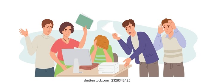Angry team. Working stress, office chaos and stressed employees cannot solve problem. Unhealthy communications in team vector illustration. Depressed person sitting at desk, manager shouting