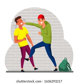 Angry teenager boys fighting and quarreling on street. Conflict between aggressive bully and weaker guy. Two classmates fist fight. Aggressive violence. Self defense hit. Vector illustration