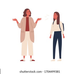 Angry Teenager Girl With Backpack Shout To Mother Vector Flat Illustration. Mad Female Adolescent Dispute And Scream Have Disagreement To Mom Isolated On White. Conflict Between Parent And Child