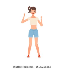 Angry teenager girl waving fists on a white background character Illustration