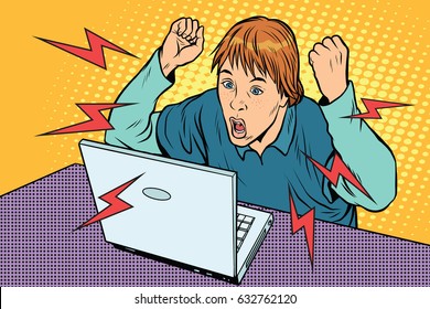 Angry teenager sitting at computer laptop. Pop art retro vector illustration