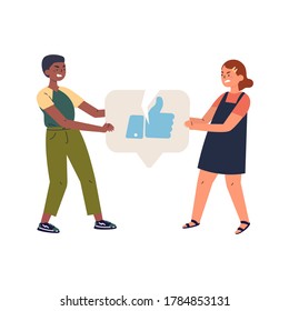 Angry teenagers with broken like icon.Children characters tearing notification like icon.Addiction to internet approval and validation.Colourful vector illustration in flat cartoon style.