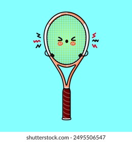 Angry Tennis racquet character. Vector hand drawn cartoon kawaii character illustration icon. Isolated on blue background. Sad Tennis racquet character concept