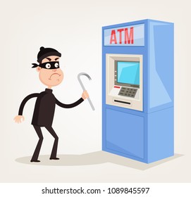 Angry thief hacker robber burglar man character trying broke ATM machine and steal money. Financial crime concept. Vector flat cartoon isolated graphic design illustration