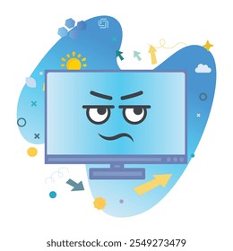 Wütende Gedanken Computerfigur auf Computer Monitor Bildschirm - Perfekte Vektorgrafik für Spaß und fröhliche Designs | Angry Thoughts Icon Design auf Computer Monitor Bildschirm