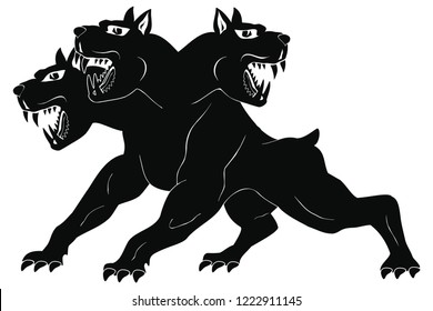 Angry three-headed dog Cerberus in attack pose. Isolated black figure on white background. svg