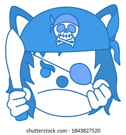 angry thug wearing a bandanna and an eye patch holding knife and clenching fist, simplistic facial expression vector illustration, simple hand drawn wolf emoticon, funny cartoon character