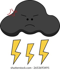 Angry thundercloud cartoon vector illustration featuring a dark storm cloud with a furious facial expression, red anger mark, and three yellow lightning bolts striking downward.