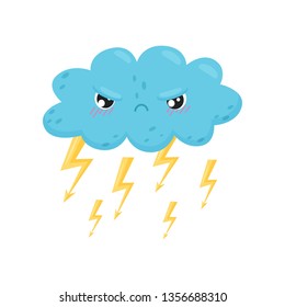Angry thundercloud with lightning on white background.