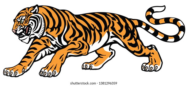 angry tiger in the aggressive attacking pose . Side view tattoo style vector illustration 