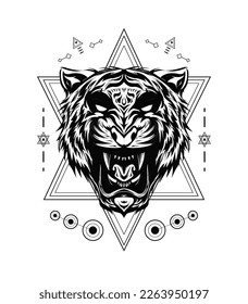 Angry tiger artwork with sacred geometry pattern in black and white style