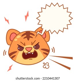Angry tiger. Big cat head in kawaii cartoon style. Hand drawn animal with bubble speech. Vector illustration isolated on white background.