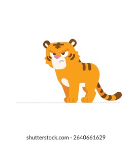 Angry Tiger Cartoon Illustration, Orange with Brown Stripes, White Background