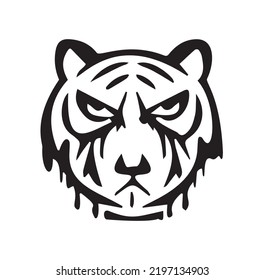 Angry tiger face, black tattoo illustration, isolated on white background.