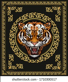 Angry tiger face. Color Ornamen Frame