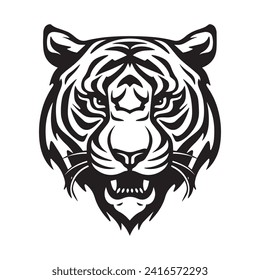Angry tiger face front view in black and white logo linocut style