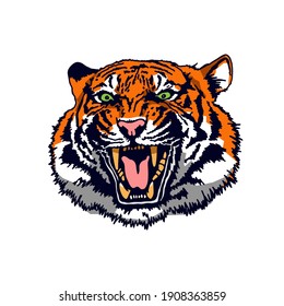 Angry Tiger Face. The Grin Of A Tiger. Detailed Drawing Of A Tiger. The Symbol Of The New 2022. Vector Illustration Isolated On White Background.