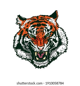 Angry tiger face. The grin of a tiger. Detailed drawing of a tiger. The symbol of the new 2022. Vector illustration isolated on white background.