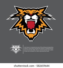 Angry tiger face logo in flat design. Sport emblem on black background. Vector Illustration.