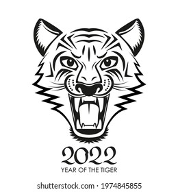 Angry tiger face with open mouth. 2022 tiger face geometric symbol. Chinese New Year concept for the signs of the zodiac. vector illustration isolated on white background in asian style