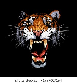 Angry Tiger Face Roar Vector Illustration On Black Background