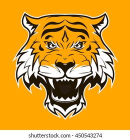 Angry Tiger Face. Roaring tiger head. Suitable as sport team mascot or tattoo. Vector Flat Illustration.