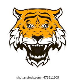 Angry Tiger Face. Roaring tiger head. Suitable as sport team mascot or tattoo. Vector Flat Illustration.