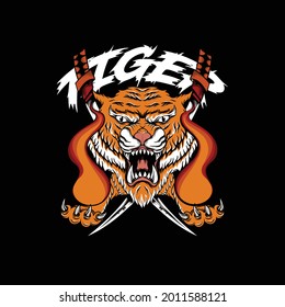 angry tiger with fire in hand and sword