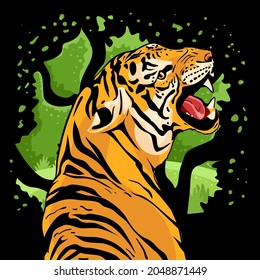 Angry tiger in front of jungle. Illustration vector