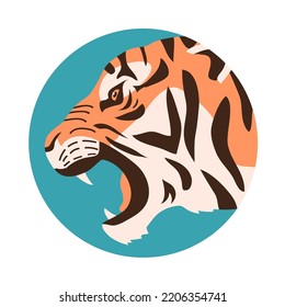 Angry tiger growls and bares its teeth. Bengal or Amur tiger. Head portrait. Big wild cat. Strong animal predator. Striped orange skin. Fauna and zoo. Flat vector illustration round