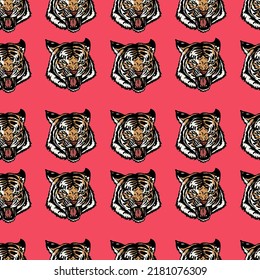 Angry Tiger Head. Animal Icon Idea. Seamless Pattern with Vector illustration Object.