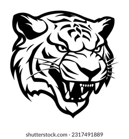 Angry tiger head black outline art. Wild animal mascot vector illustration.