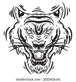 angry tiger head black and white illustration