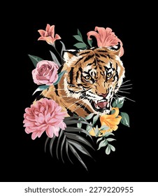 angry tiger head and colorful wild flowers vector illustration on black background