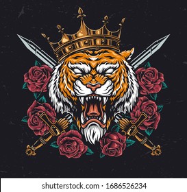 Angry tiger head in crown with roses and crossed swords in vintage style isolated vector illustration