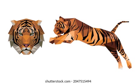 Angry Tiger Head Face Illustration Polygon. Jumping Tiger In Low Poly Vector