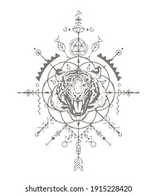 Angry tiger head. The grin of a tiger. Sacred geometry. T-shirt print. Detailed drawing of a tiger. Vector illustration isolated on white background. The symbol of the new year 2022. 