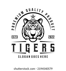 Angry Tiger Head Logo design vector illustration black and white in vintage stlye