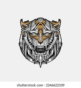 Angry Tiger Head Machine Illustration