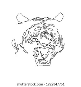Angry tiger head. One line drawing, single line vector illustration